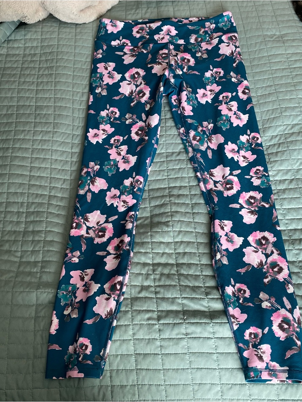 Fabletics Teal Leggings with Pink Floral Accent